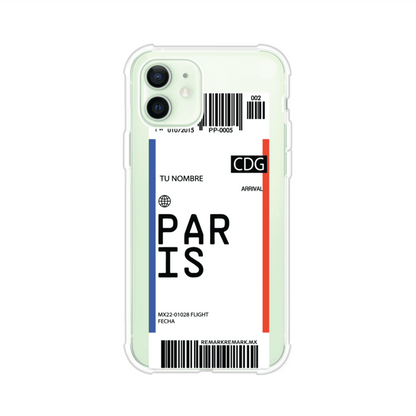 Funda personalizada estilo pase de abordar con diseño de París y código CDG, personalizable con nombre y datos de vuelo; producto de Remark MX para iPhone
