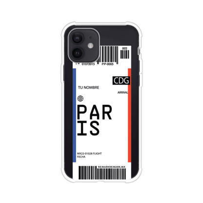 Funda personalizada estilo pase de abordar con diseño de París y código CDG, personalizable con nombre y datos de vuelo; producto de Remark MX para iPhone