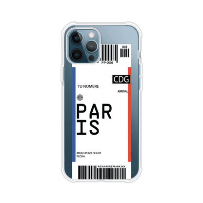 Funda personalizada estilo pase de abordar con diseño de París y código CDG, personalizable con nombre y datos de vuelo; producto de Remark MX para iPhone