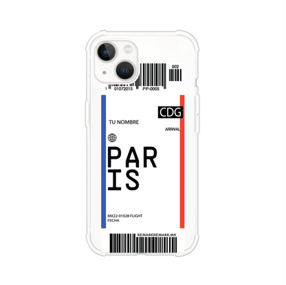 Funda personalizada estilo pase de abordar con diseño de París y código CDG, personalizable con nombre y datos de vuelo; producto de Remark MX para iPhone