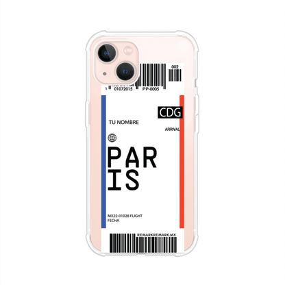 Funda personalizada estilo pase de abordar con diseño de París y código CDG, personalizable con nombre y datos de vuelo; producto de Remark MX para iPhone