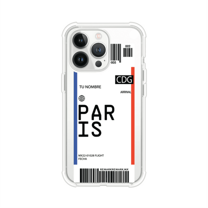 Funda personalizada estilo pase de abordar con diseño de París y código CDG, personalizable con nombre y datos de vuelo; producto de Remark MX para iPhone