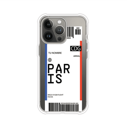 Funda personalizada estilo pase de abordar con diseño de París y código CDG, personalizable con nombre y datos de vuelo; producto de Remark MX para iPhone