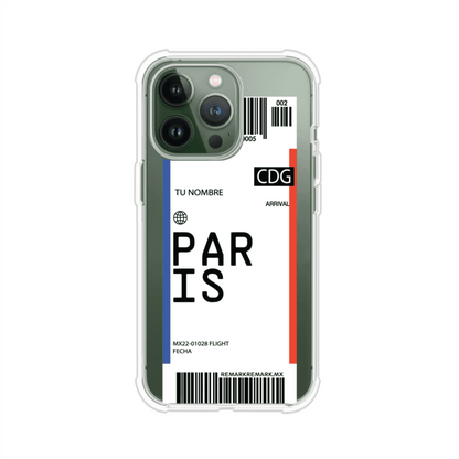 Funda personalizada estilo pase de abordar con diseño de París y código CDG, personalizable con nombre y datos de vuelo; producto de Remark MX para iPhone