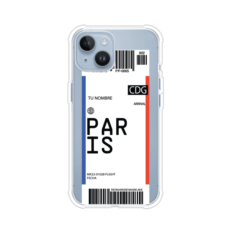 Funda personalizada estilo pase de abordar con diseño de París y código CDG, personalizable con nombre y datos de vuelo; producto de Remark MX para iPhone