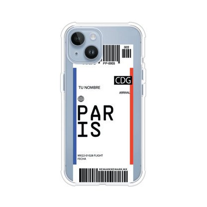 Funda personalizada estilo pase de abordar con diseño de París y código CDG, personalizable con nombre y datos de vuelo; producto de Remark MX para iPhone