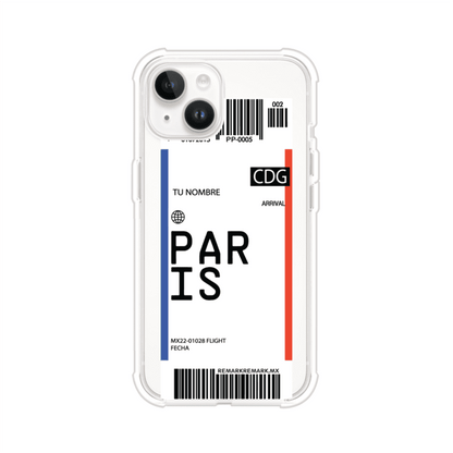 Funda personalizada estilo pase de abordar con diseño de París y código CDG, personalizable con nombre y datos de vuelo; producto de Remark MX para iPhone