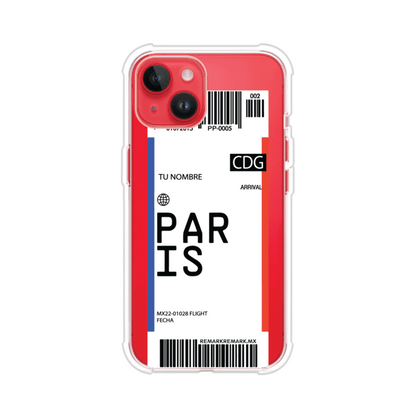 Funda personalizada estilo pase de abordar con diseño de París y código CDG, personalizable con nombre y datos de vuelo; producto de Remark MX para iPhone