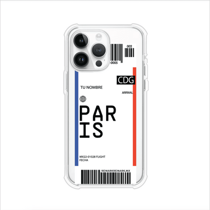 Funda personalizada estilo pase de abordar con diseño de París y código CDG, personalizable con nombre y datos de vuelo; producto de Remark MX para iPhone