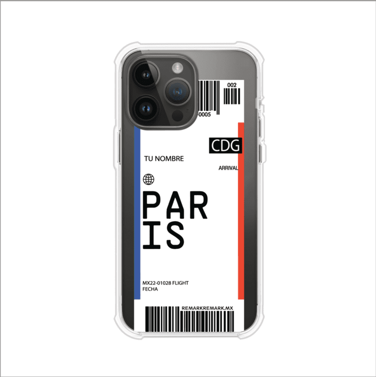 Funda personalizada estilo pase de abordar con diseño de París y código CDG, personalizable con nombre y datos de vuelo; producto de Remark MX para iPhone