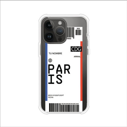 Funda personalizada estilo pase de abordar con diseño de París y código CDG, personalizable con nombre y datos de vuelo; producto de Remark MX para iPhone