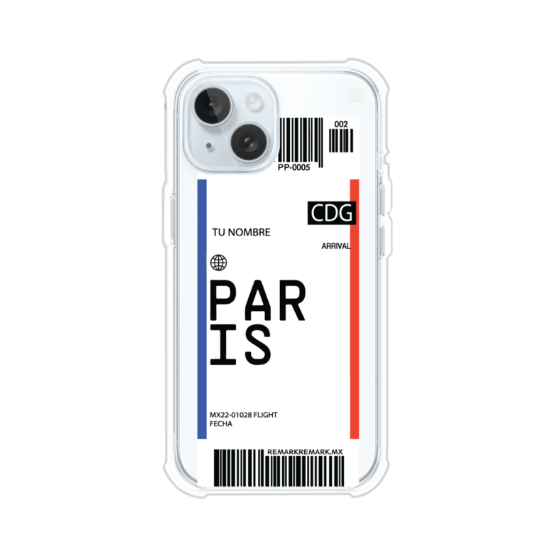 Funda personalizada estilo pase de abordar con diseño de París y código CDG, personalizable con nombre y datos de vuelo; producto de Remark MX para iPhone