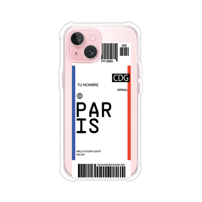 Funda personalizada estilo pase de abordar con diseño de París y código CDG, personalizable con nombre y datos de vuelo; producto de Remark MX para iPhone