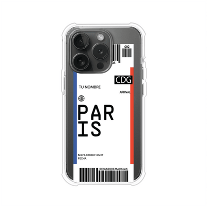Funda personalizada estilo pase de abordar con diseño de París y código CDG, personalizable con nombre y datos de vuelo; producto de Remark MX para iPhone