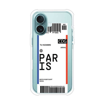Funda personalizada estilo pase de abordar con diseño de París y código CDG, personalizable con nombre y datos de vuelo; producto de Remark MX para iPhone