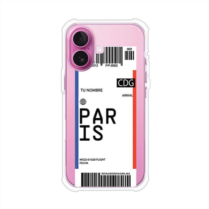 Funda personalizada estilo pase de abordar con diseño de París y código CDG, personalizable con nombre y datos de vuelo; producto de Remark MX para iPhone