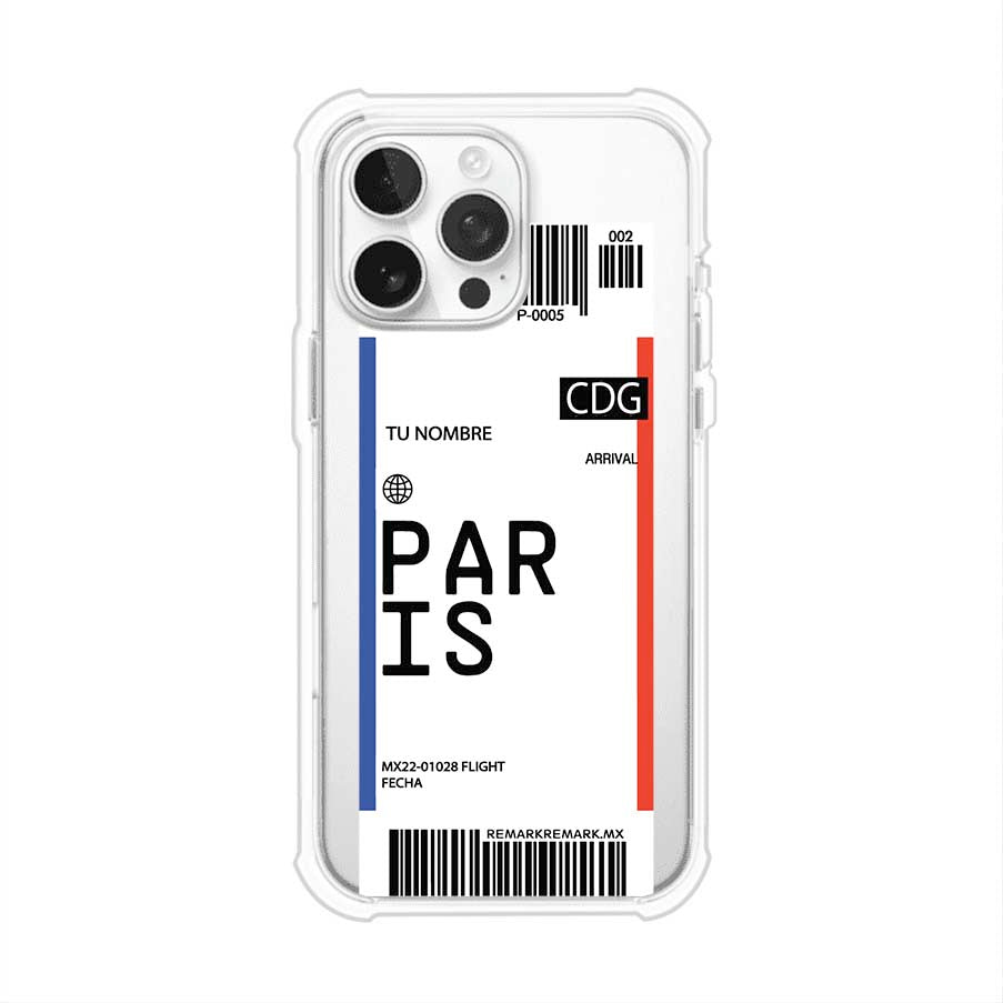 Funda personalizada estilo pase de abordar con diseño de París y código CDG, personalizable con nombre y datos de vuelo; producto de Remark MX para iPhone