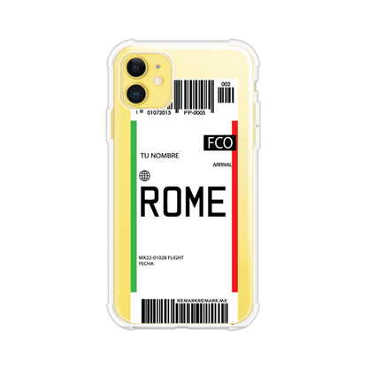 Funda personalizada estilo pase de abordar con diseño de Roma y código FCO, personalizable con nombre y datos de vuelo; producto de Remark MX para iPhone
