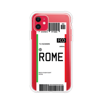 Funda personalizada estilo pase de abordar con diseño de Roma y código FCO, personalizable con nombre y datos de vuelo; producto de Remark MX para iPhone