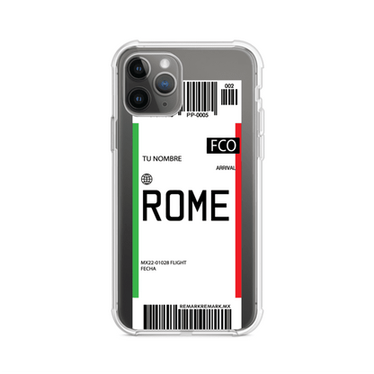 Funda personalizada estilo pase de abordar con diseño de Roma y código FCO, personalizable con nombre y datos de vuelo; producto de Remark MX para iPhone