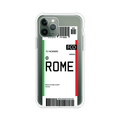 Funda personalizada estilo pase de abordar con diseño de Roma y código FCO, personalizable con nombre y datos de vuelo; producto de Remark MX para iPhone