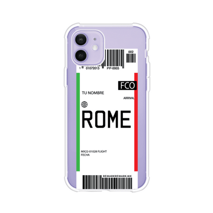 Funda personalizada estilo pase de abordar con diseño de Roma y código FCO, personalizable con nombre y datos de vuelo; producto de Remark MX para iPhone
