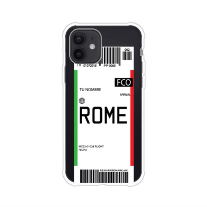 Funda personalizada estilo pase de abordar con diseño de Roma y código FCO, personalizable con nombre y datos de vuelo; producto de Remark MX para iPhone