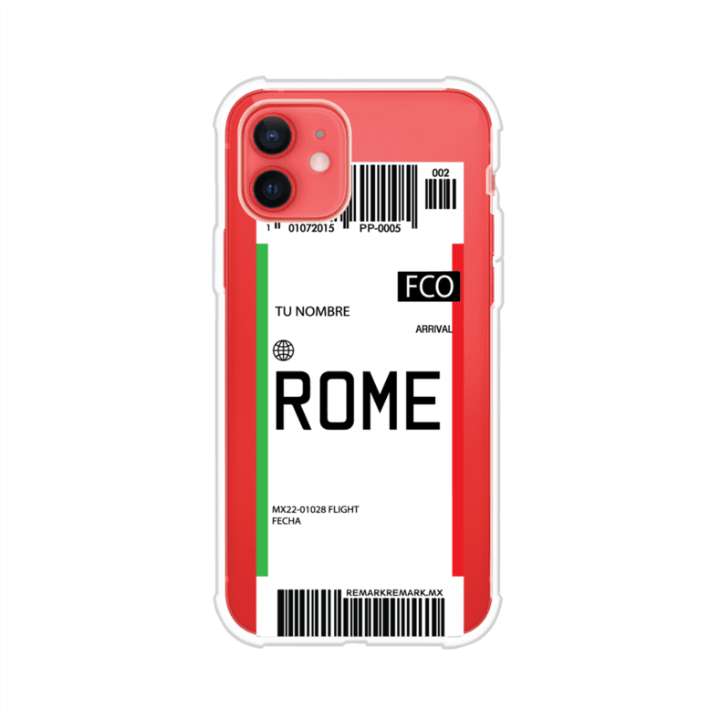 Funda personalizada estilo pase de abordar con diseño de Roma y código FCO, personalizable con nombre y datos de vuelo; producto de Remark MX para iPhone