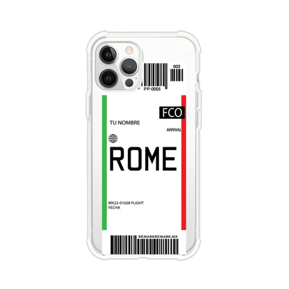 Funda personalizada estilo pase de abordar con diseño de Roma y código FCO, personalizable con nombre y datos de vuelo; producto de Remark MX para iPhone
