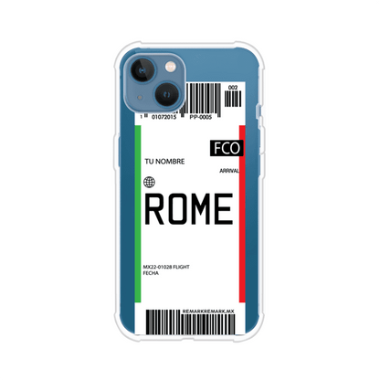 Funda personalizada estilo pase de abordar con diseño de Roma y código FCO, personalizable con nombre y datos de vuelo; producto de Remark MX para iPhone
