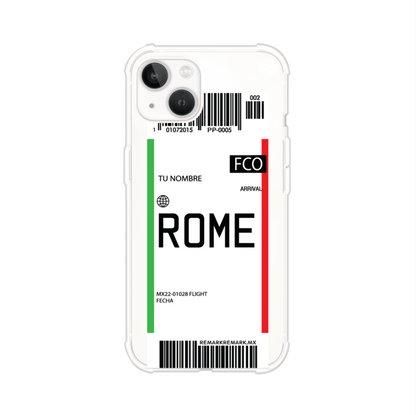 Funda personalizada estilo pase de abordar con diseño de Roma y código FCO, personalizable con nombre y datos de vuelo; producto de Remark MX para iPhone