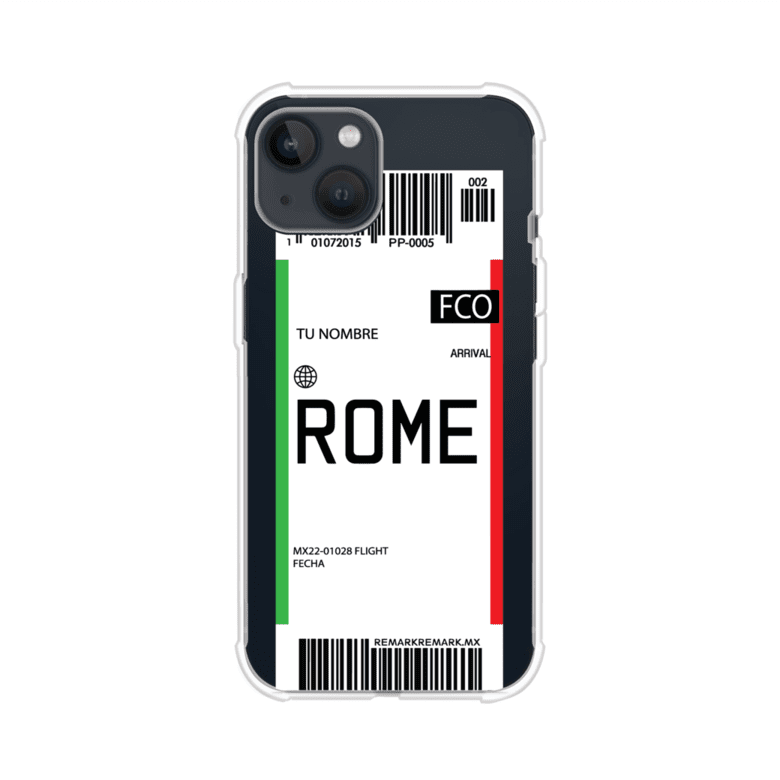 Funda personalizada estilo pase de abordar con diseño de Roma y código FCO, personalizable con nombre y datos de vuelo; producto de Remark MX para iPhone