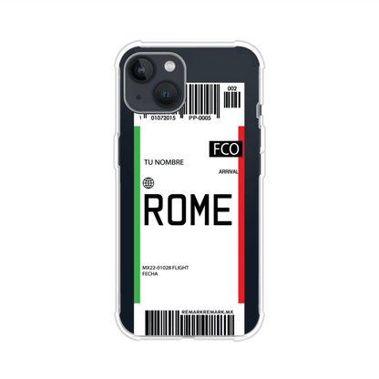 Funda personalizada estilo pase de abordar con diseño de Roma y código FCO, personalizable con nombre y datos de vuelo; producto de Remark MX para iPhone
