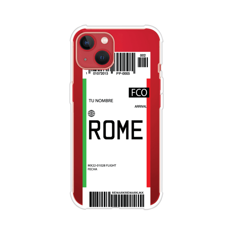 Funda personalizada estilo pase de abordar con diseño de Roma y código FCO, personalizable con nombre y datos de vuelo; producto de Remark MX para iPhone