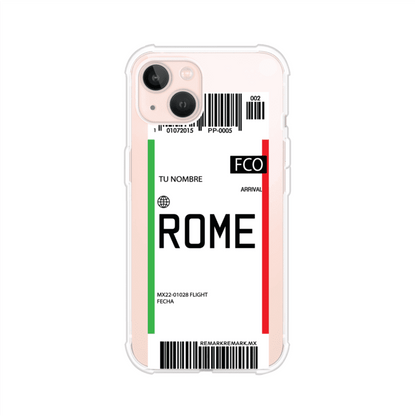 Funda personalizada estilo pase de abordar con diseño de Roma y código FCO, personalizable con nombre y datos de vuelo; producto de Remark MX para iPhone