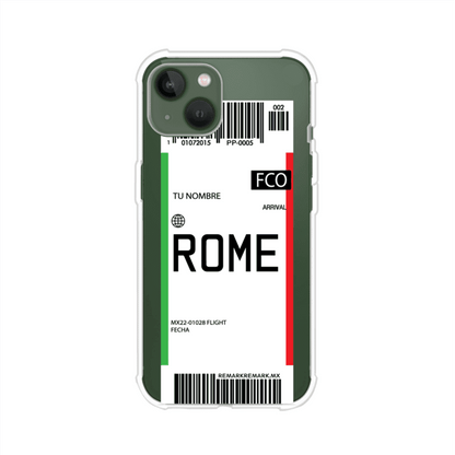 Funda personalizada estilo pase de abordar con diseño de Roma y código FCO, personalizable con nombre y datos de vuelo; producto de Remark MX para iPhone
