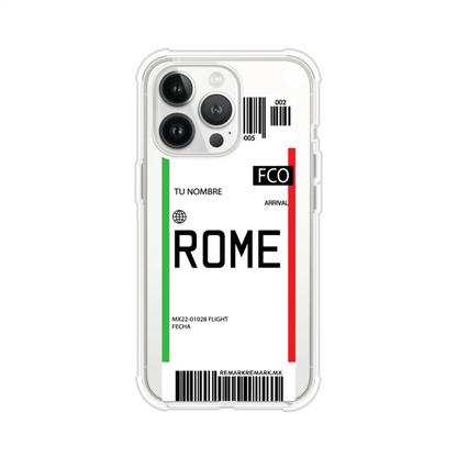 Funda personalizada estilo pase de abordar con diseño de Roma y código FCO, personalizable con nombre y datos de vuelo; producto de Remark MX para iPhone