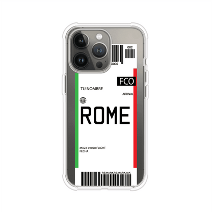 Funda personalizada estilo pase de abordar con diseño de Roma y código FCO, personalizable con nombre y datos de vuelo; producto de Remark MX para iPhone