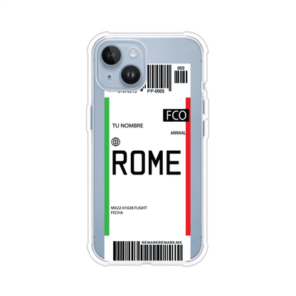 Funda personalizada estilo pase de abordar con diseño de Roma y código FCO, personalizable con nombre y datos de vuelo; producto de Remark MX para iPhone
