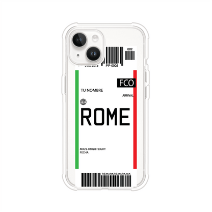 Funda personalizada estilo pase de abordar con diseño de Roma y código FCO, personalizable con nombre y datos de vuelo; producto de Remark MX para iPhone