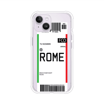 Funda personalizada estilo pase de abordar con diseño de Roma y código FCO, personalizable con nombre y datos de vuelo; producto de Remark MX para iPhone