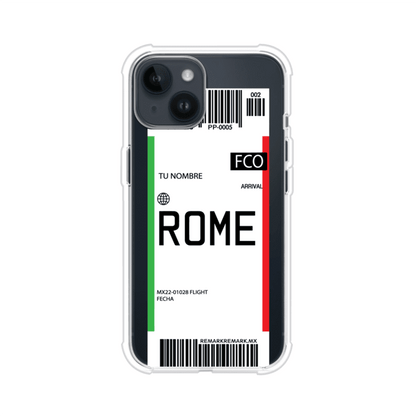 Funda personalizada estilo pase de abordar con diseño de Roma y código FCO, personalizable con nombre y datos de vuelo; producto de Remark MX para iPhone