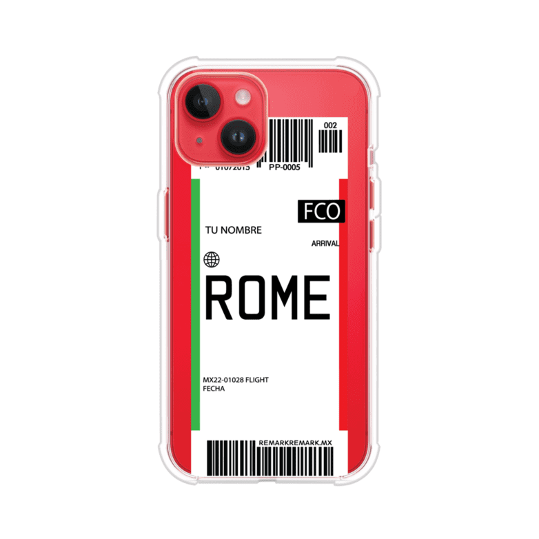Funda personalizada estilo pase de abordar con diseño de Roma y código FCO, personalizable con nombre y datos de vuelo; producto de Remark MX para iPhone