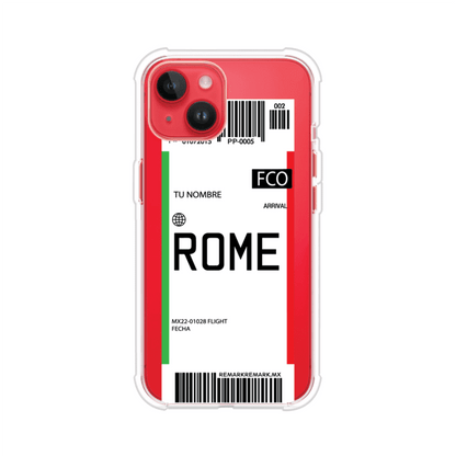 Funda personalizada estilo pase de abordar con diseño de Roma y código FCO, personalizable con nombre y datos de vuelo; producto de Remark MX para iPhone