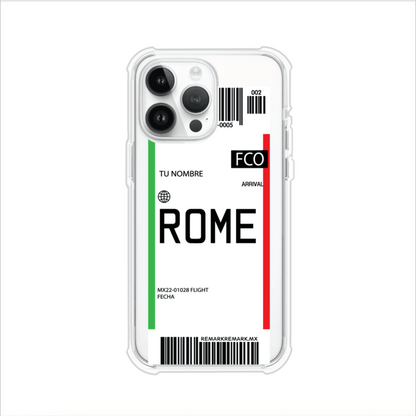 Funda personalizada estilo pase de abordar con diseño de Roma y código FCO, personalizable con nombre y datos de vuelo; producto de Remark MX para iPhone
