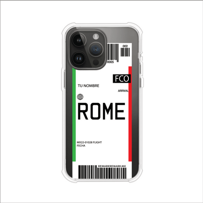 Funda personalizada estilo pase de abordar con diseño de Roma y código FCO, personalizable con nombre y datos de vuelo; producto de Remark MX para iPhone