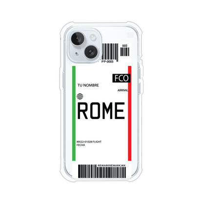 Funda personalizada estilo pase de abordar con diseño de Roma y código FCO, personalizable con nombre y datos de vuelo; producto de Remark MX para iPhone
