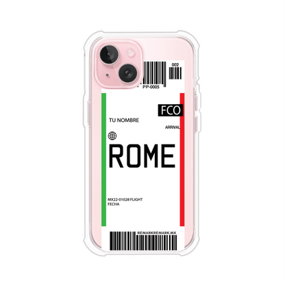 Funda personalizada estilo pase de abordar con diseño de Roma y código FCO, personalizable con nombre y datos de vuelo; producto de Remark MX para iPhone