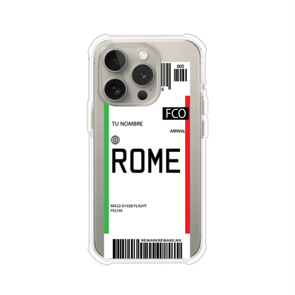 Funda personalizada estilo pase de abordar con diseño de Roma y código FCO, personalizable con nombre y datos de vuelo; producto de Remark MX para iPhone