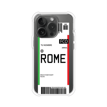 Funda personalizada estilo pase de abordar con diseño de Roma y código FCO, personalizable con nombre y datos de vuelo; producto de Remark MX para iPhone
